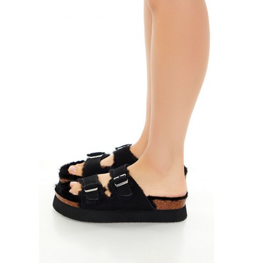 Buckled Faux Fur & Suede Sandals Buckled Faux Fur & Suede Sandals