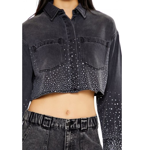 Cropped Rhinestone Denim Shirt Cropped Rhinestone Denim Shirt