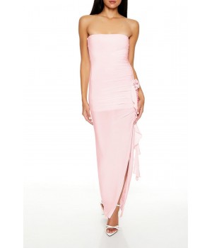 Rosette Ruffle Maxi Tube Dress