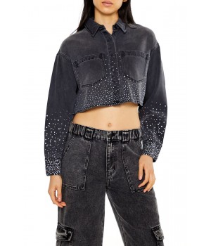 Cropped Rhinestone Denim Shirt
