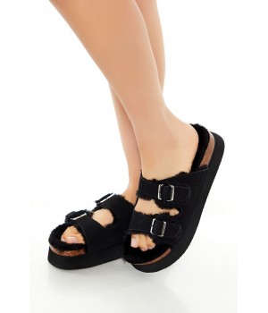Buckled Faux Fur & Suede Sandals