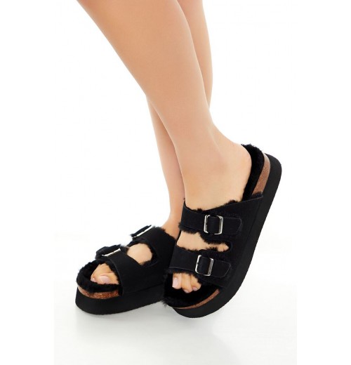 Buckled Faux Fur & Suede Sandals Buckled Faux Fur & Suede Sandals