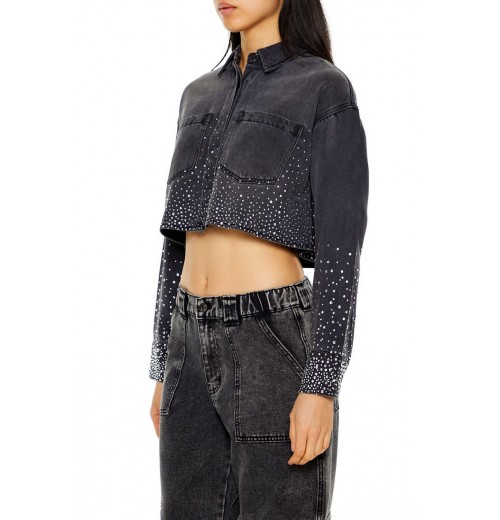 Cropped Rhinestone Denim Shirt Cropped Rhinestone Denim Shirt
