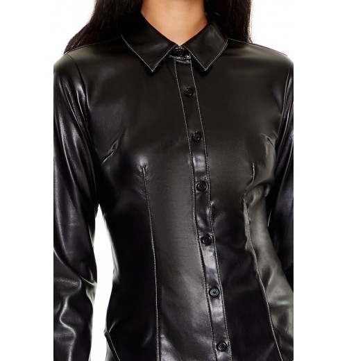 Faux Leather Curved-Hem Shirt Faux Leather Curved-Hem Shirt