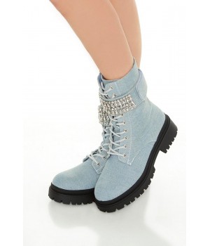 Denim Faux Gem Combat Boots