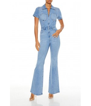 Denim Zip-Up Flare Jumpsuit