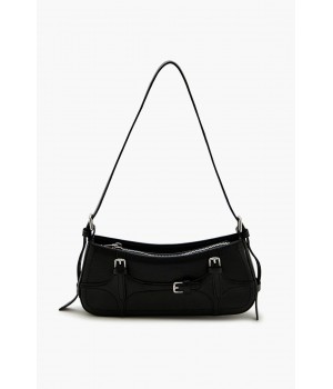 Buckled Faux Leather Baguette Bag